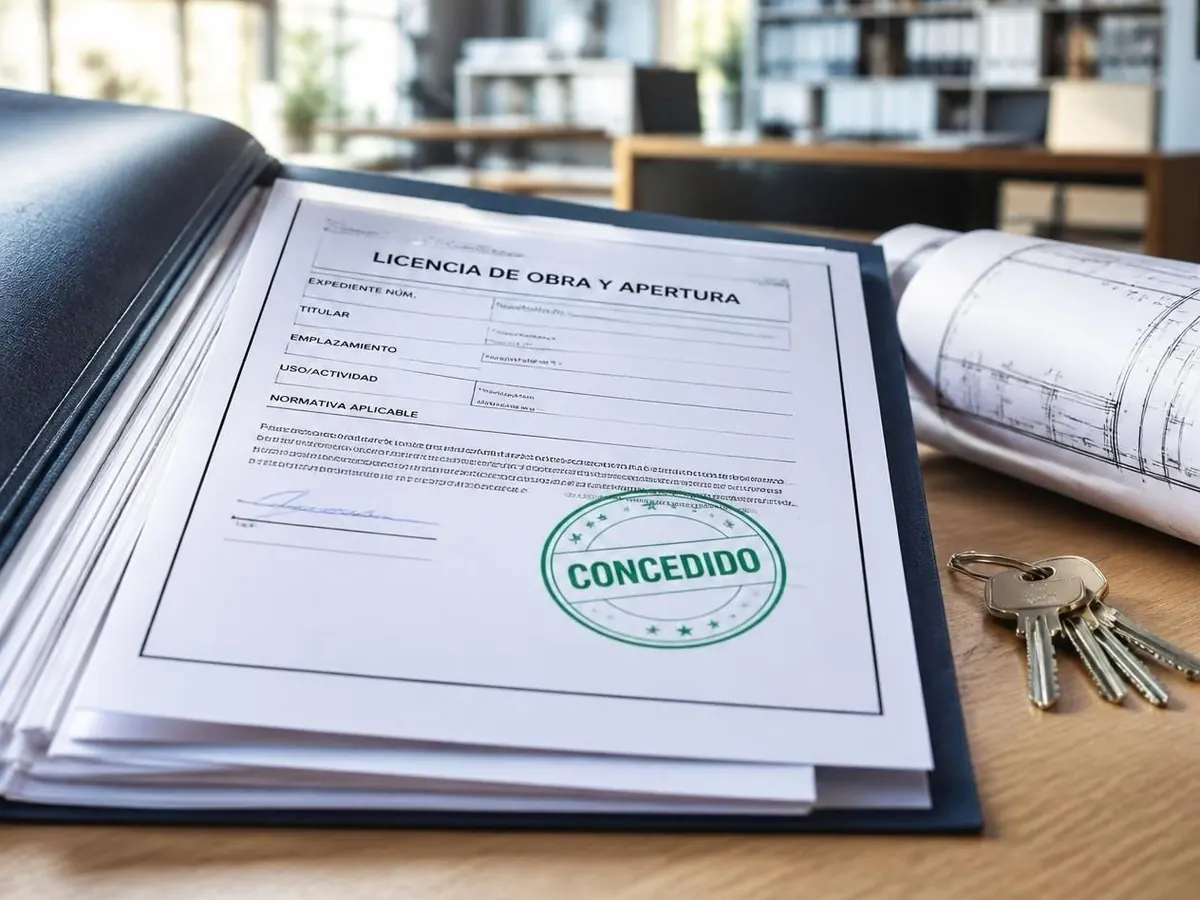 Licencia de obra con el sello «concedido», dentro de la carpeta del expediente